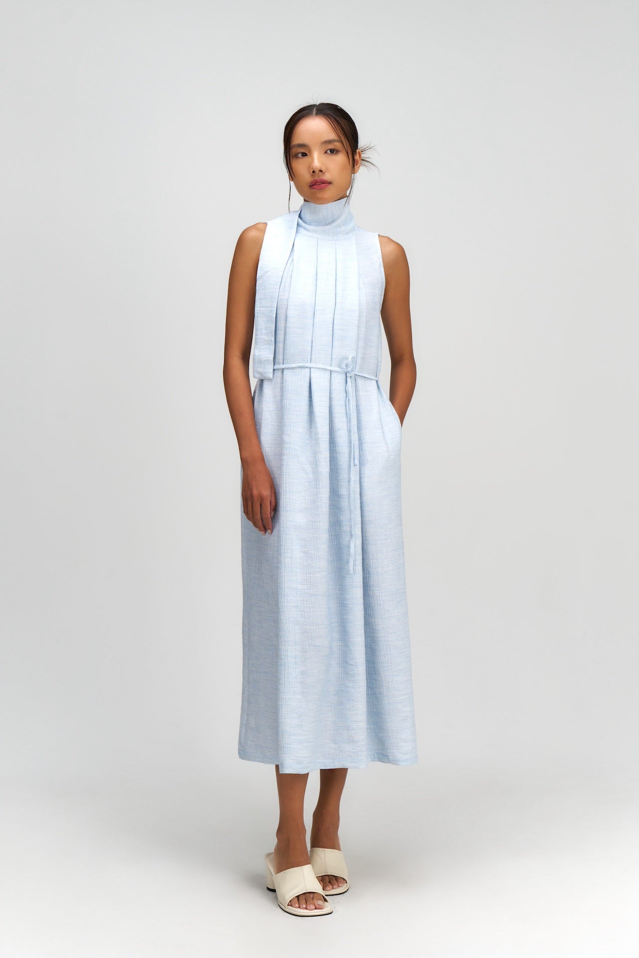 Pleated High Neck Scarf Dress (Blue) – The WES Studio