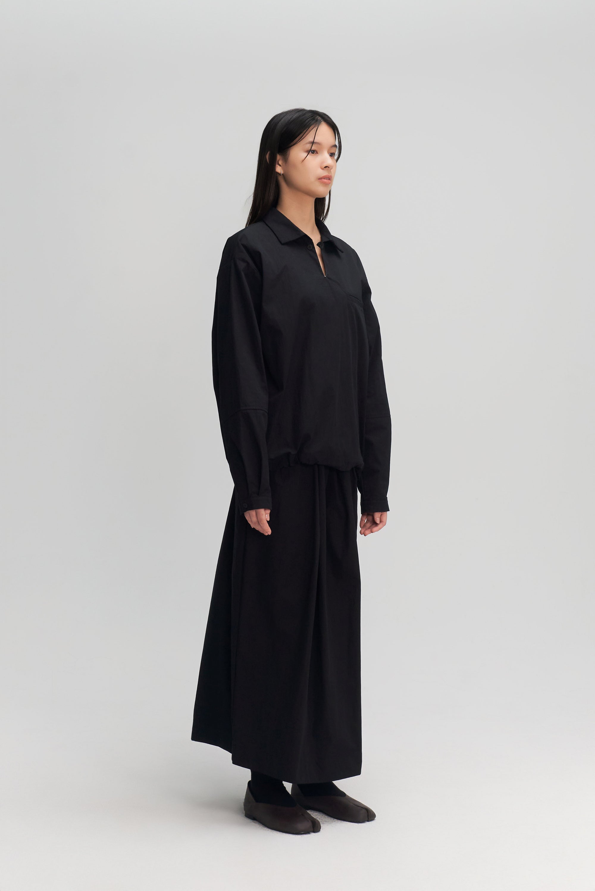 Gender Neutral Skipper Collar Long Sleeve Shirt (Black)