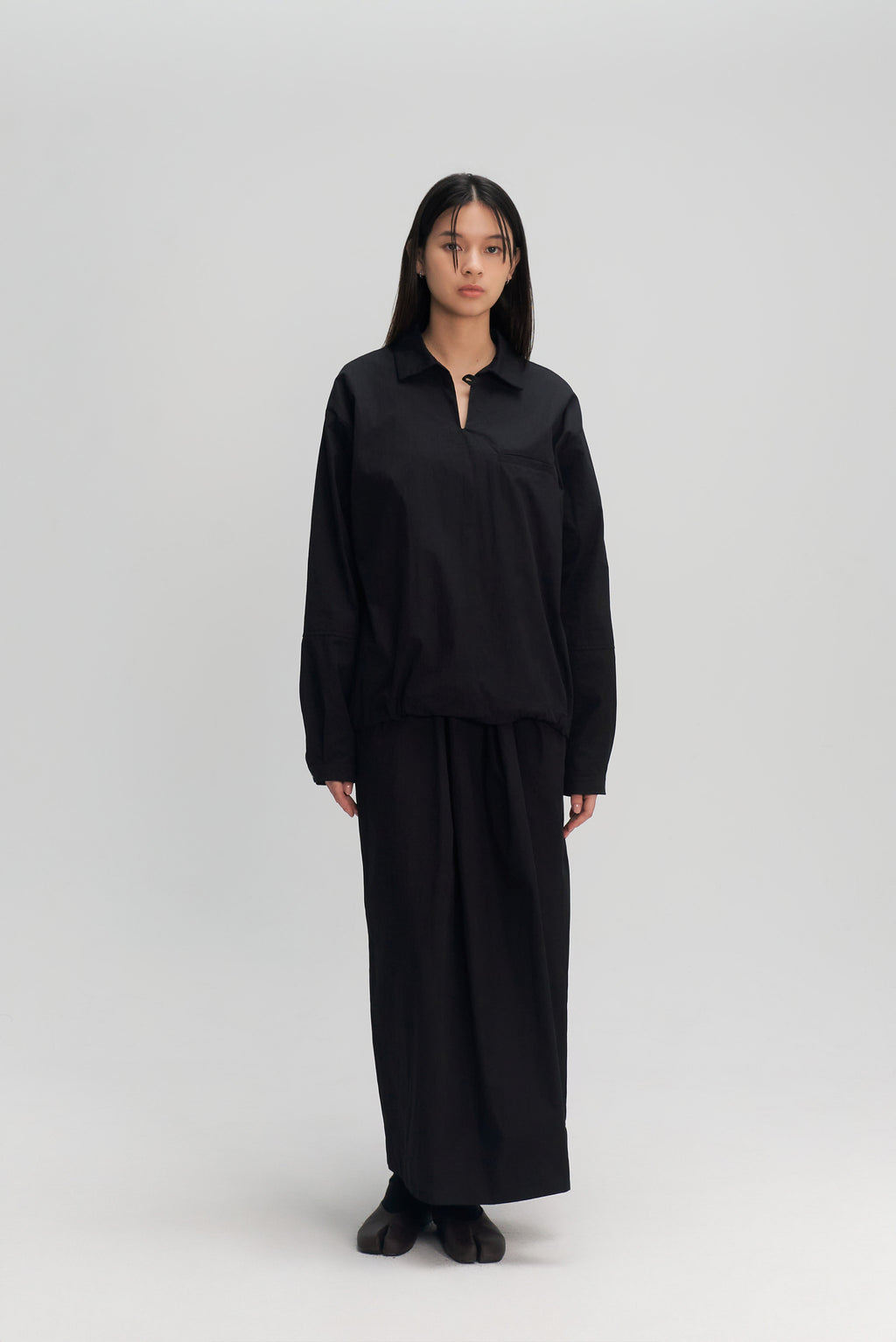 Gender Neutral Skipper Collar Long Sleeve Shirt (Black)