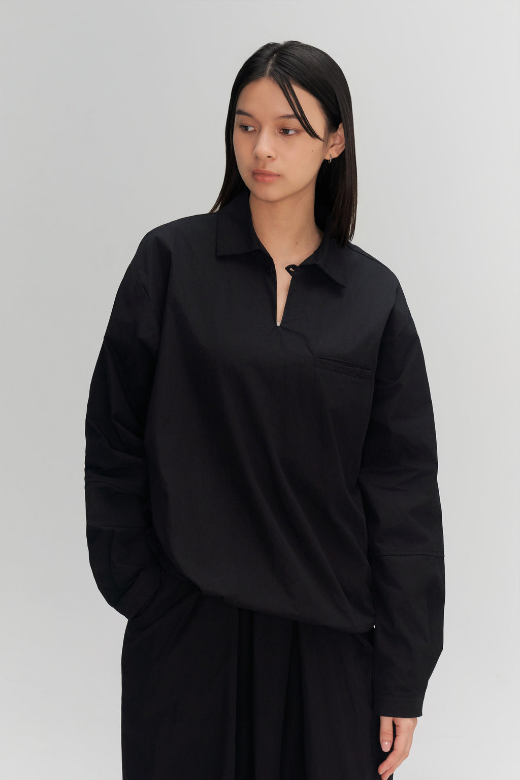 Gender Neutral Skipper Collar Long Sleeve Shirt (Black)