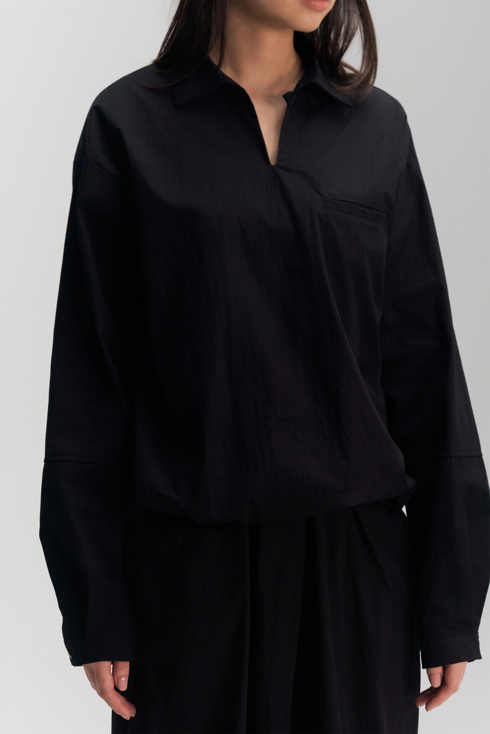 Gender Neutral Skipper Collar Long Sleeve Shirt (Black)