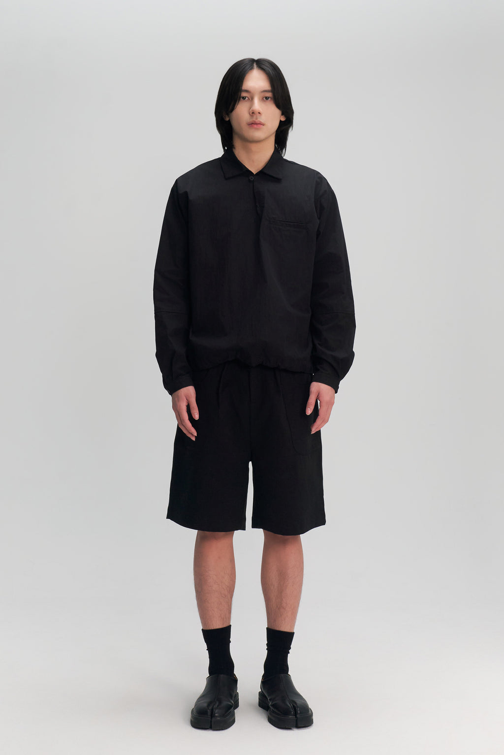 Gender Neutral Skipper Collar Long Sleeve Shirt (Black)