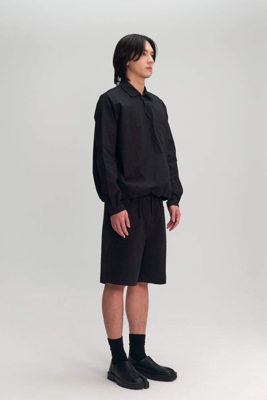 Gender Neutral Skipper Collar Long Sleeve Shirt (Black)