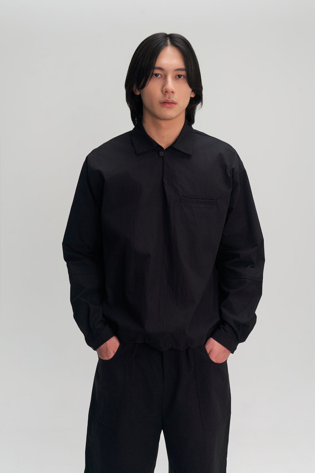 Gender Neutral Skipper Collar Long Sleeve Shirt (Black)