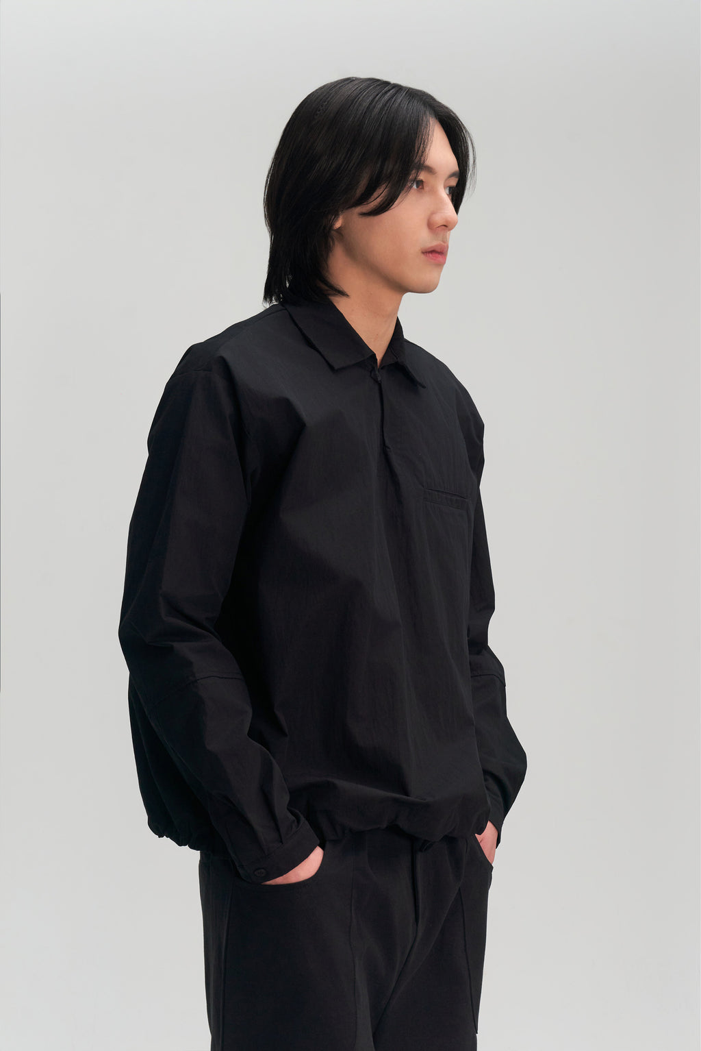 Gender Neutral Skipper Collar Long Sleeve Shirt (Black)