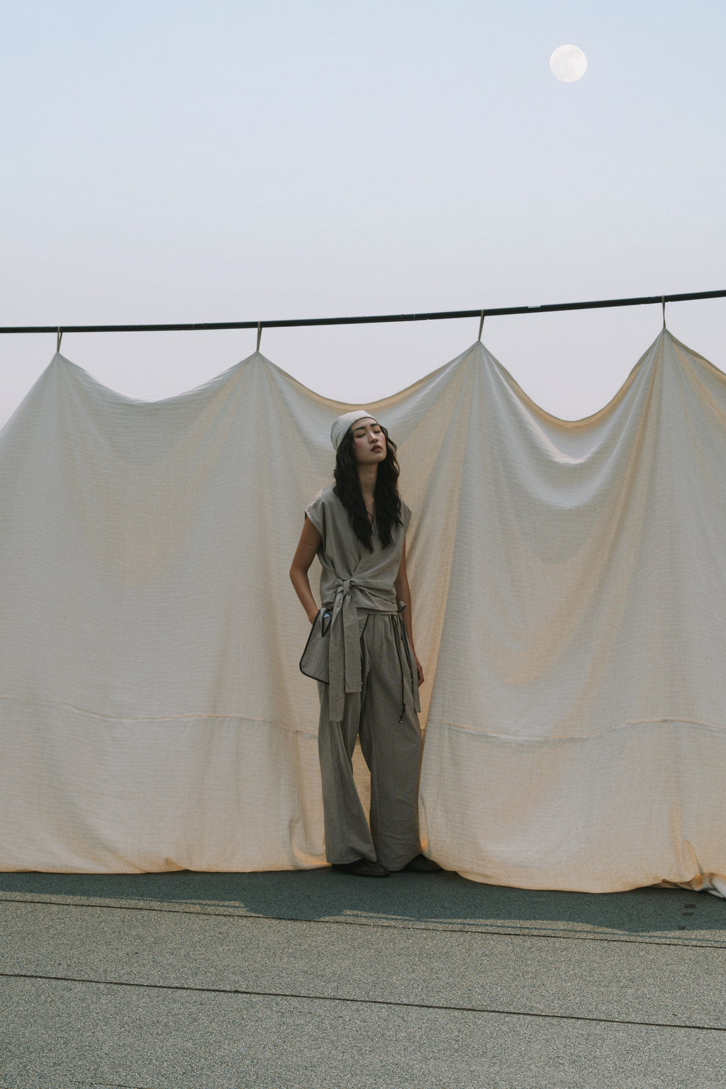 Triple Pleated Long Trousers (Khaki Pinstripe)
