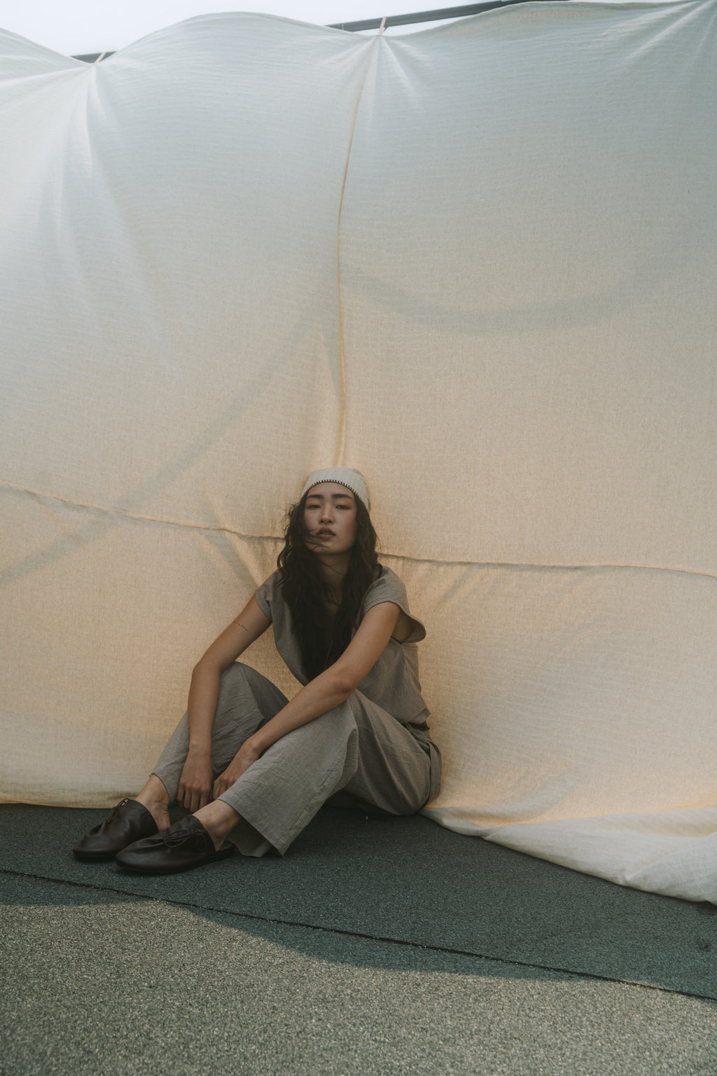 Triple Pleated Long Trousers (Khaki Pinstripe)