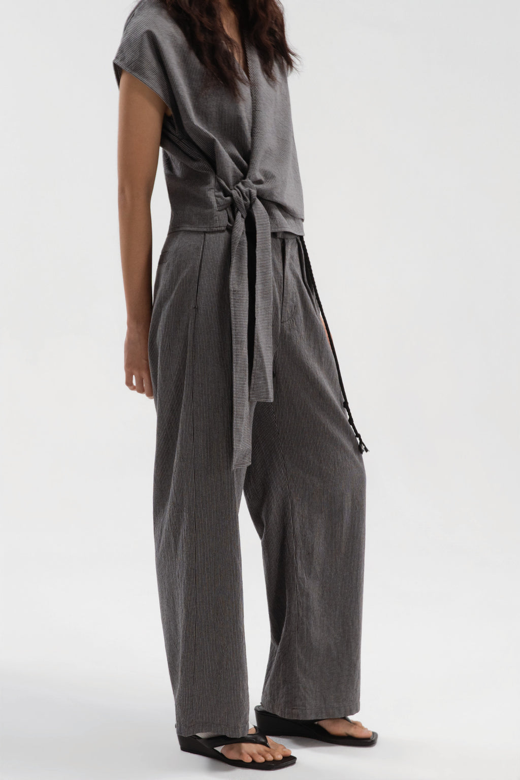 Triple Pleated Long Trousers (Grey Pinstripe)