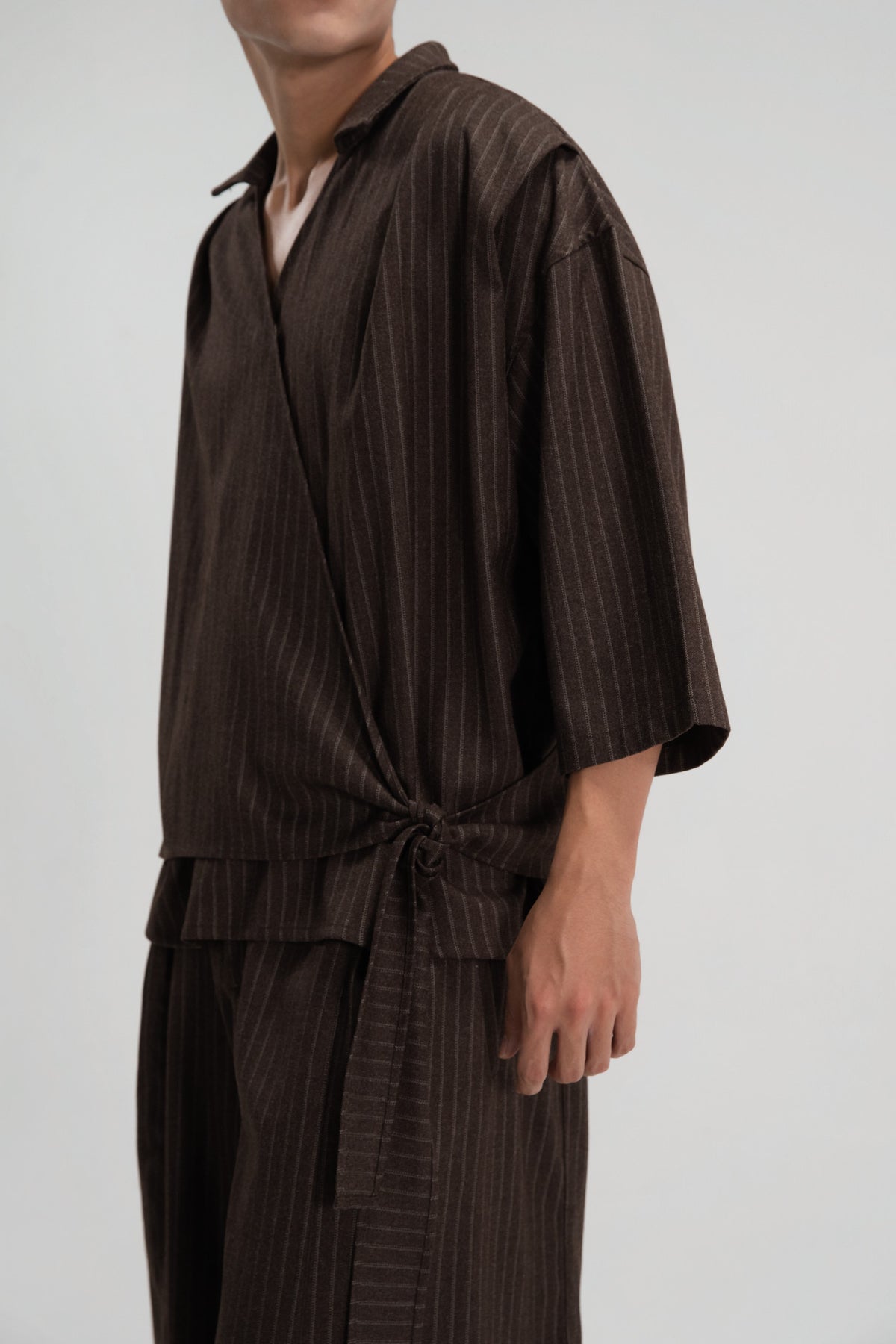 Gender Neutral Collar Kimono Wrap 3/4 Sleeve Shirt (Poly / Brown Stripe)