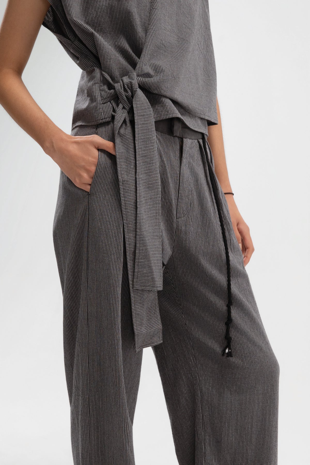 Wrap Crop Cap Sleeve Top (Grey Pinstripe)
