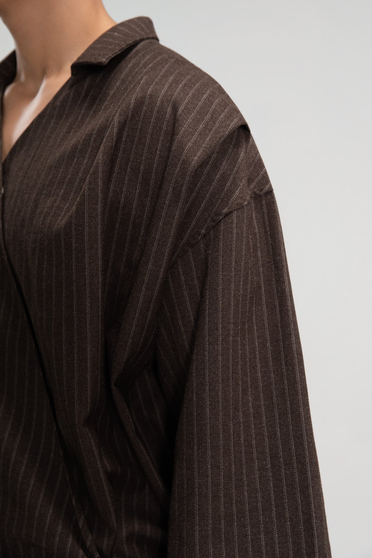 Gender Neutral Collar Kimono Wrap 3/4 Sleeve Shirt (Poly / Brown Stripe)