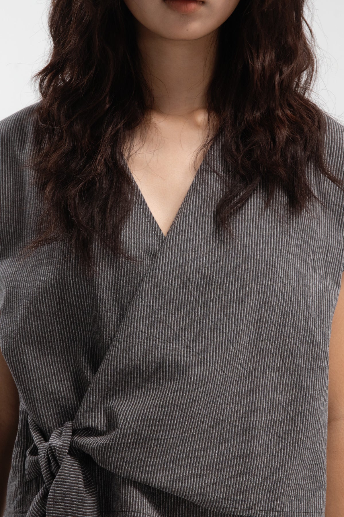 Wrap Crop Cap Sleeve Top (Grey Pinstripe)