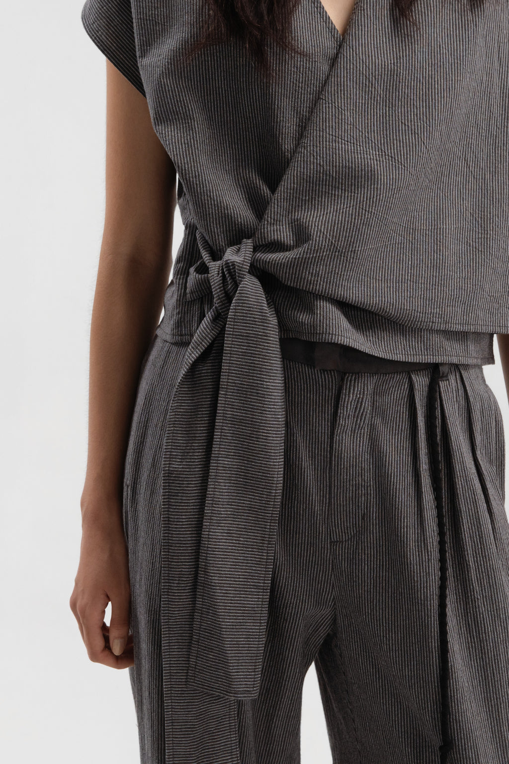 Wrap Crop Cap Sleeve Top (Grey Pinstripe)