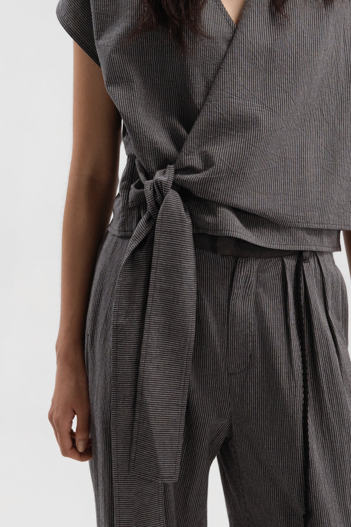 Wrap Crop Cap Sleeve Top (Grey Pinstripe)