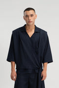 Gender Neutral Collar Kimono Wrap 3/4 Sleeve Shirt (Poly / Navy Stripe)