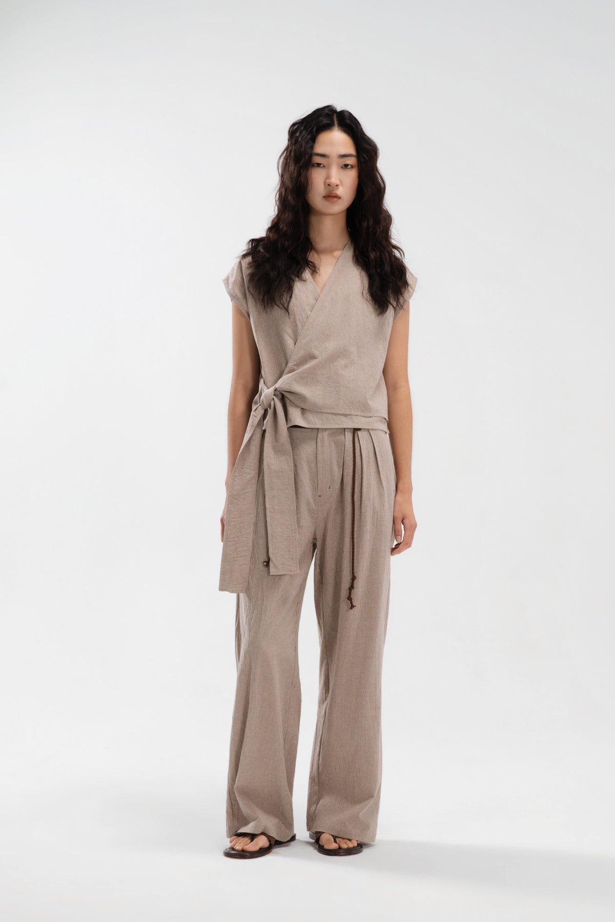 Triple Pleated Long Trousers (Khaki Pinstripe)