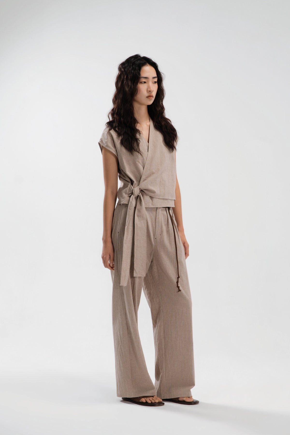 Wrap Crop Cap Sleeve Top (Khaki Pinstripe)