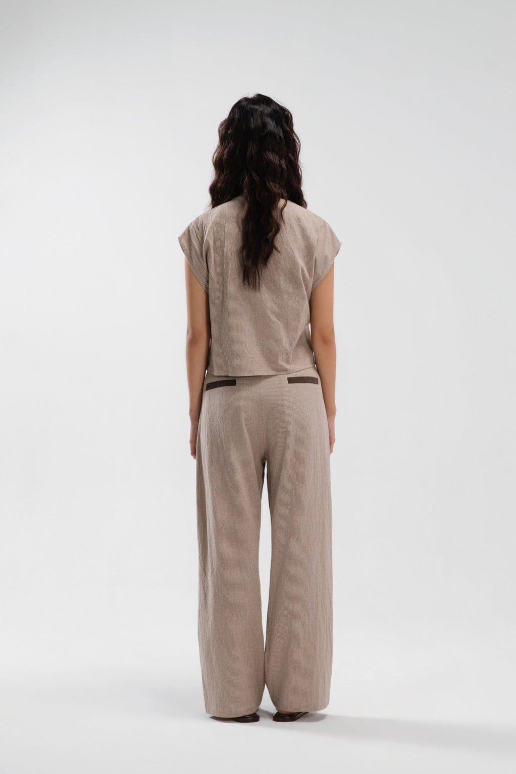 Wrap Crop Cap Sleeve Top (Khaki Pinstripe)