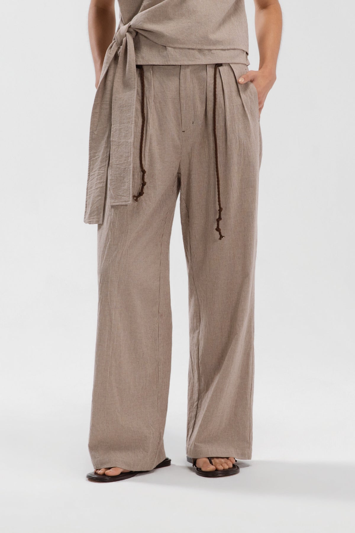 Triple Pleated Long Trousers (Khaki Pinstripe)
