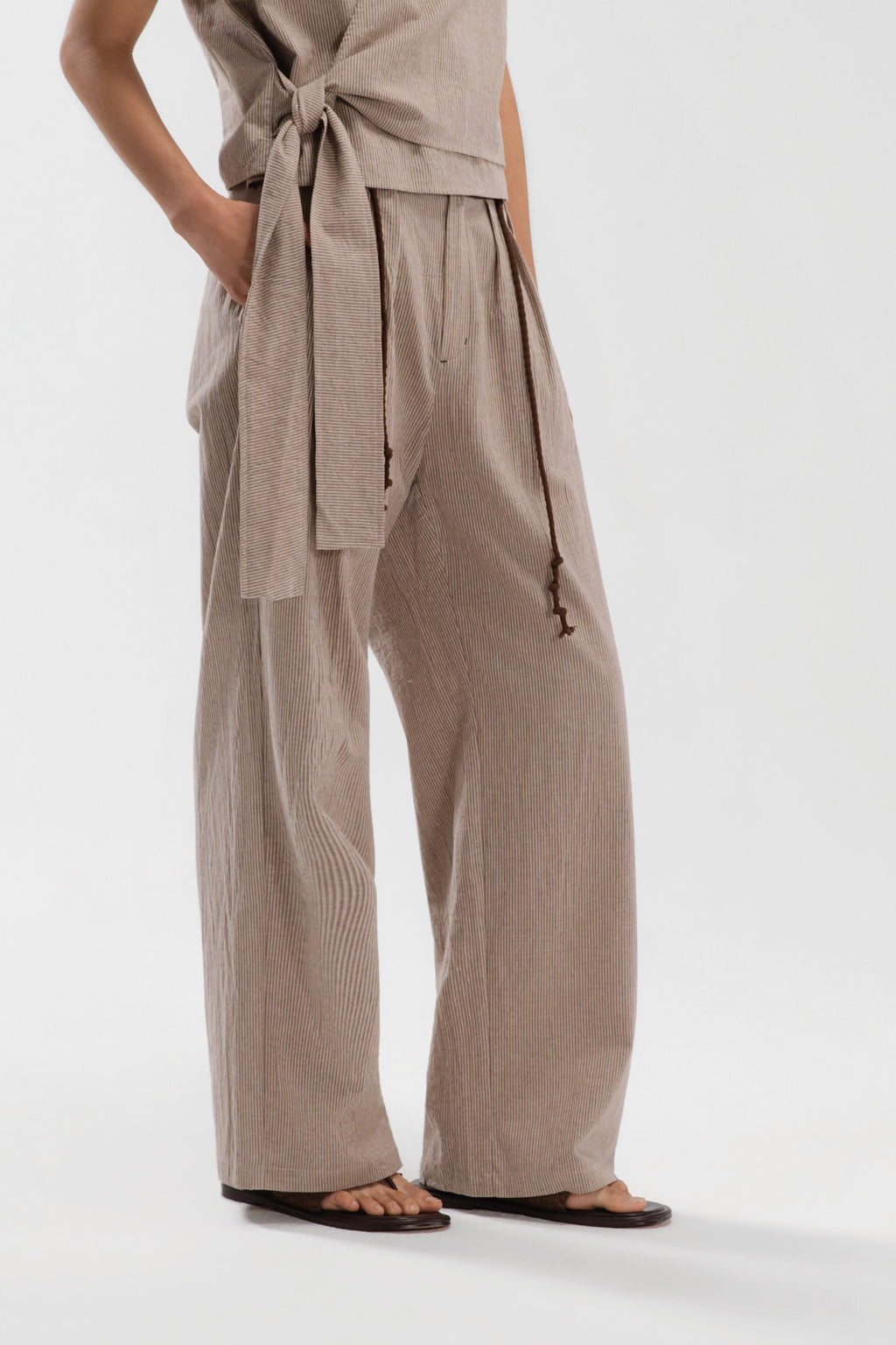 Triple Pleated Long Trousers (Khaki Pinstripe)