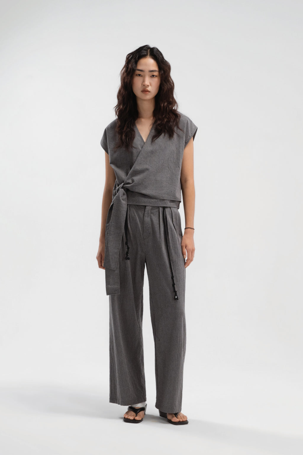 Triple Pleated Long Trousers (Grey Pinstripe)