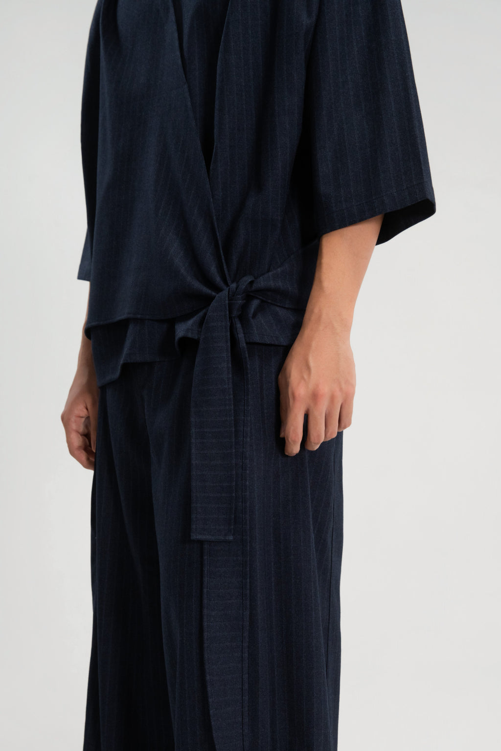 Gender Neutral Collar Kimono Wrap 3/4 Sleeve Shirt (Poly / Navy Stripe)