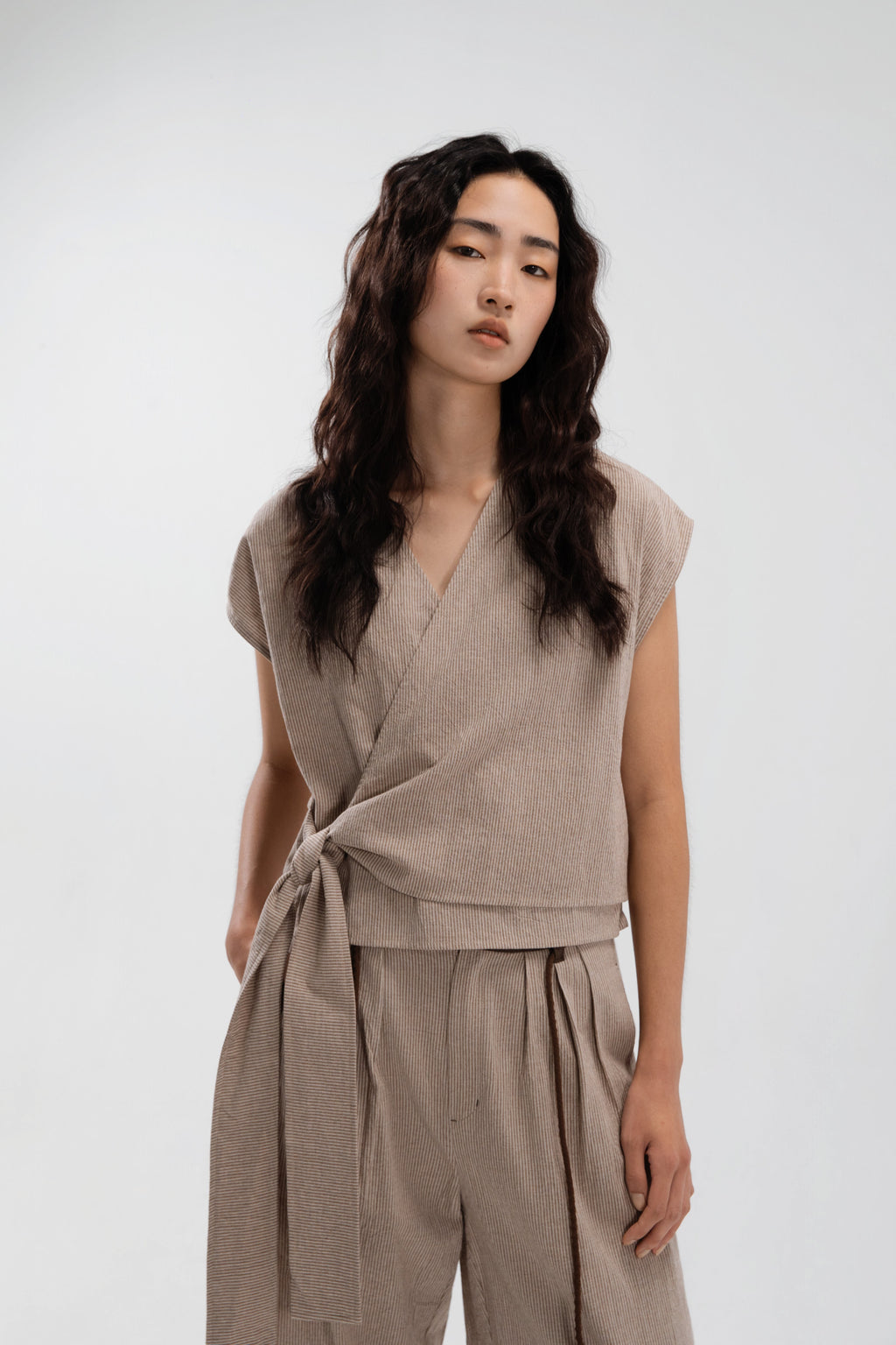 Wrap Crop Cap Sleeve Top (Khaki Pinstripe)