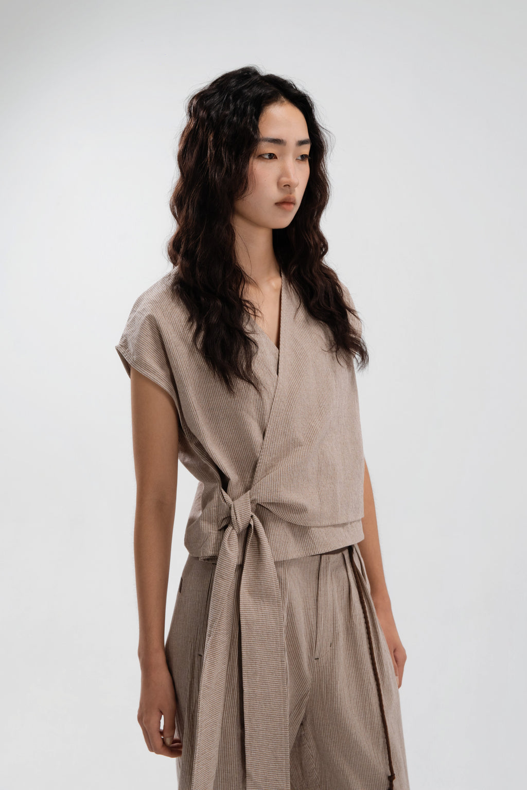 Wrap Crop Cap Sleeve Top (Khaki Pinstripe)