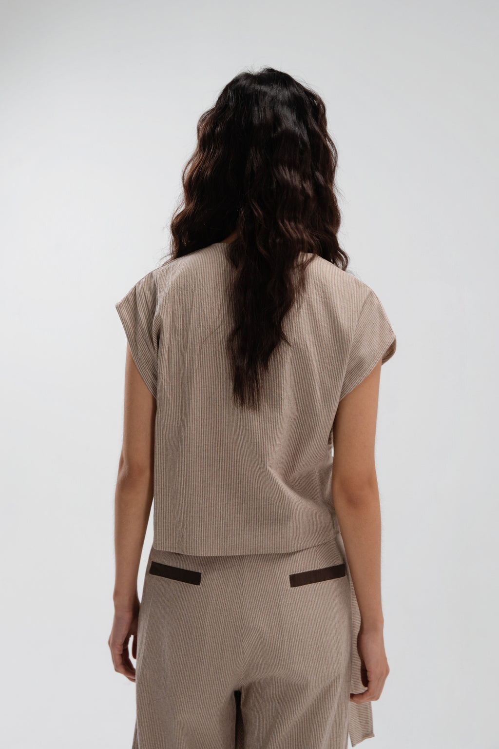 Wrap Crop Cap Sleeve Top (Khaki Pinstripe)