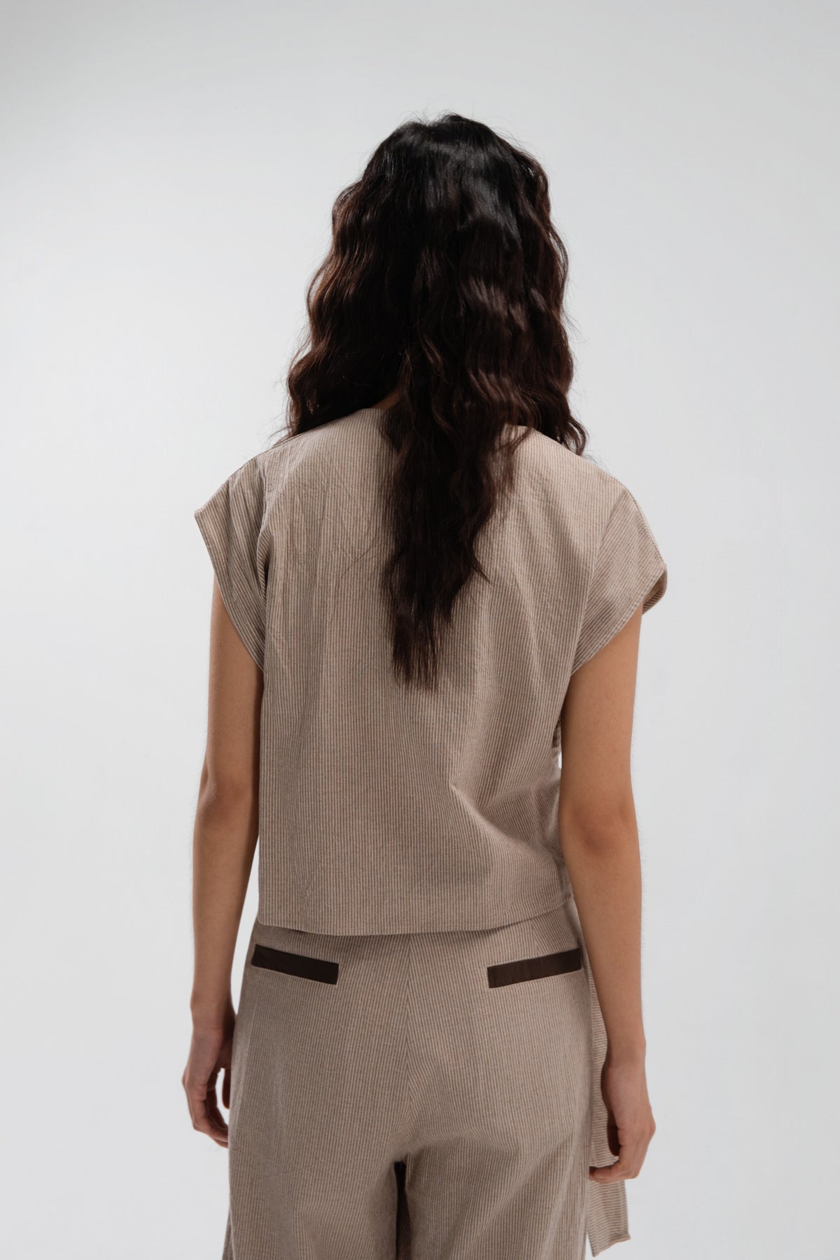 Wrap Crop Cap Sleeve Top (Khaki Pinstripe)