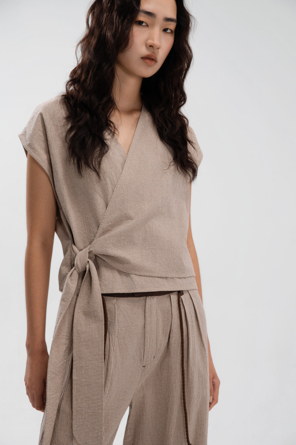 Wrap Crop Cap Sleeve Top (Khaki Pinstripe)