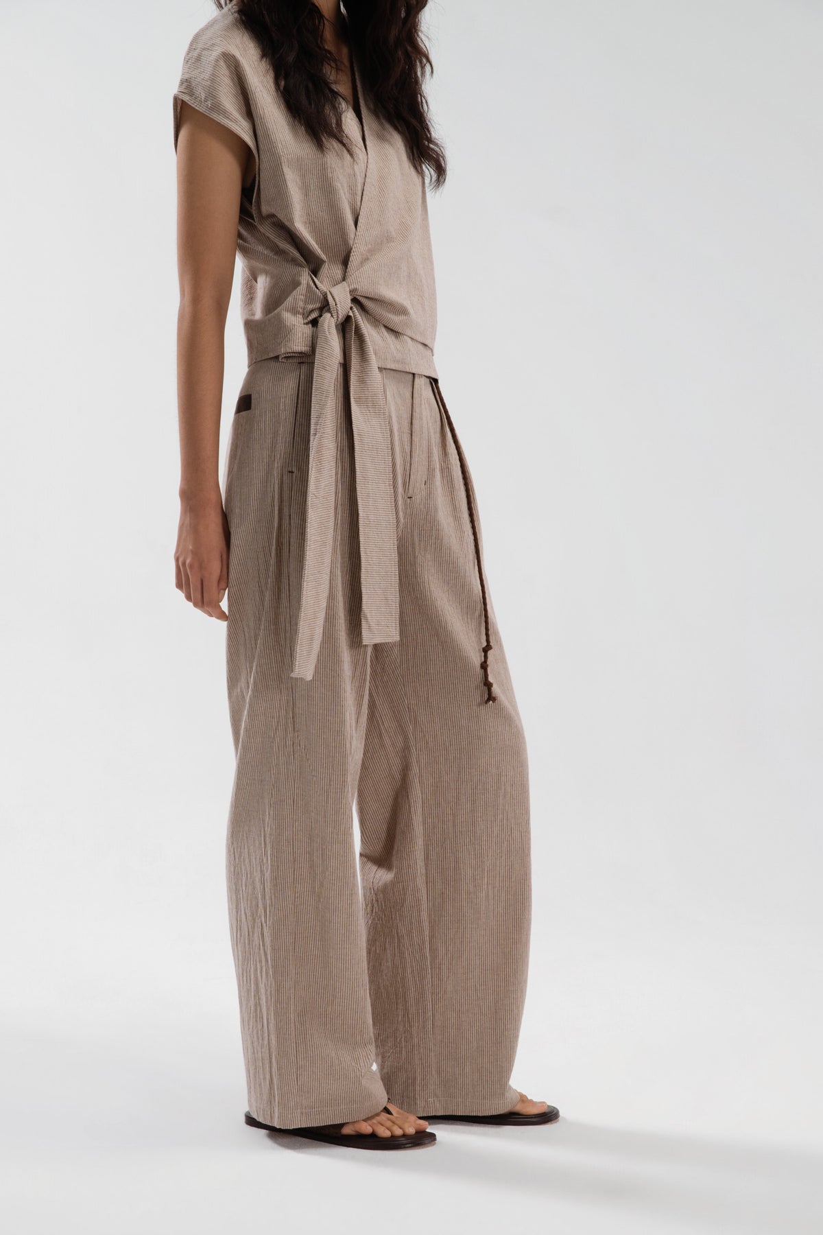 Triple Pleated Long Trousers (Khaki Pinstripe)