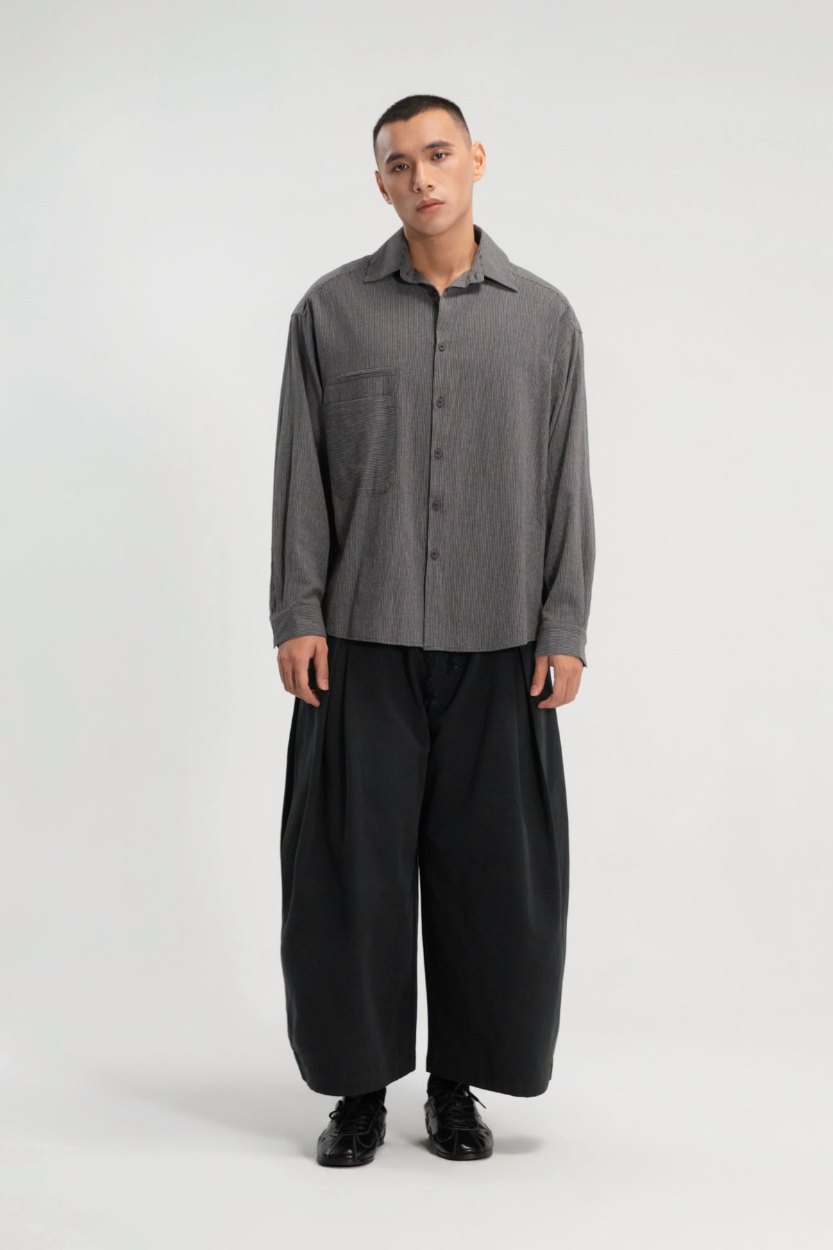 Gender Neutral Oversized Arm Long Sleeve Blouse (Grey Pinstripe)