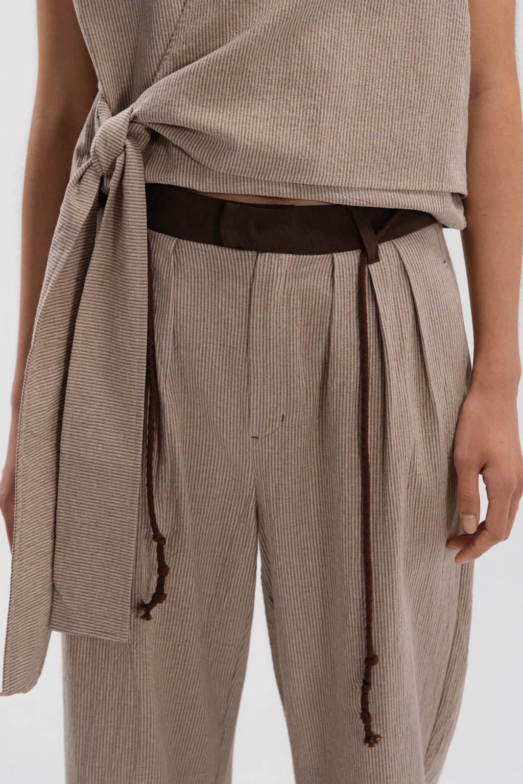 Triple Pleated Long Trousers (Khaki Pinstripe)