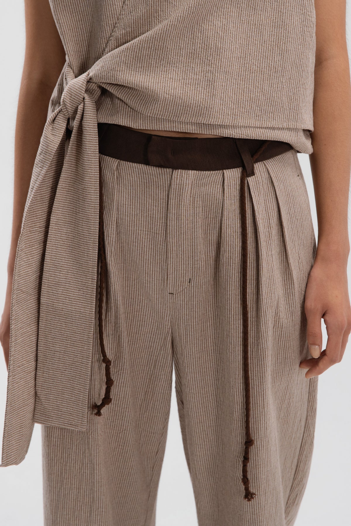 Triple Pleated Long Trousers (Khaki Pinstripe)