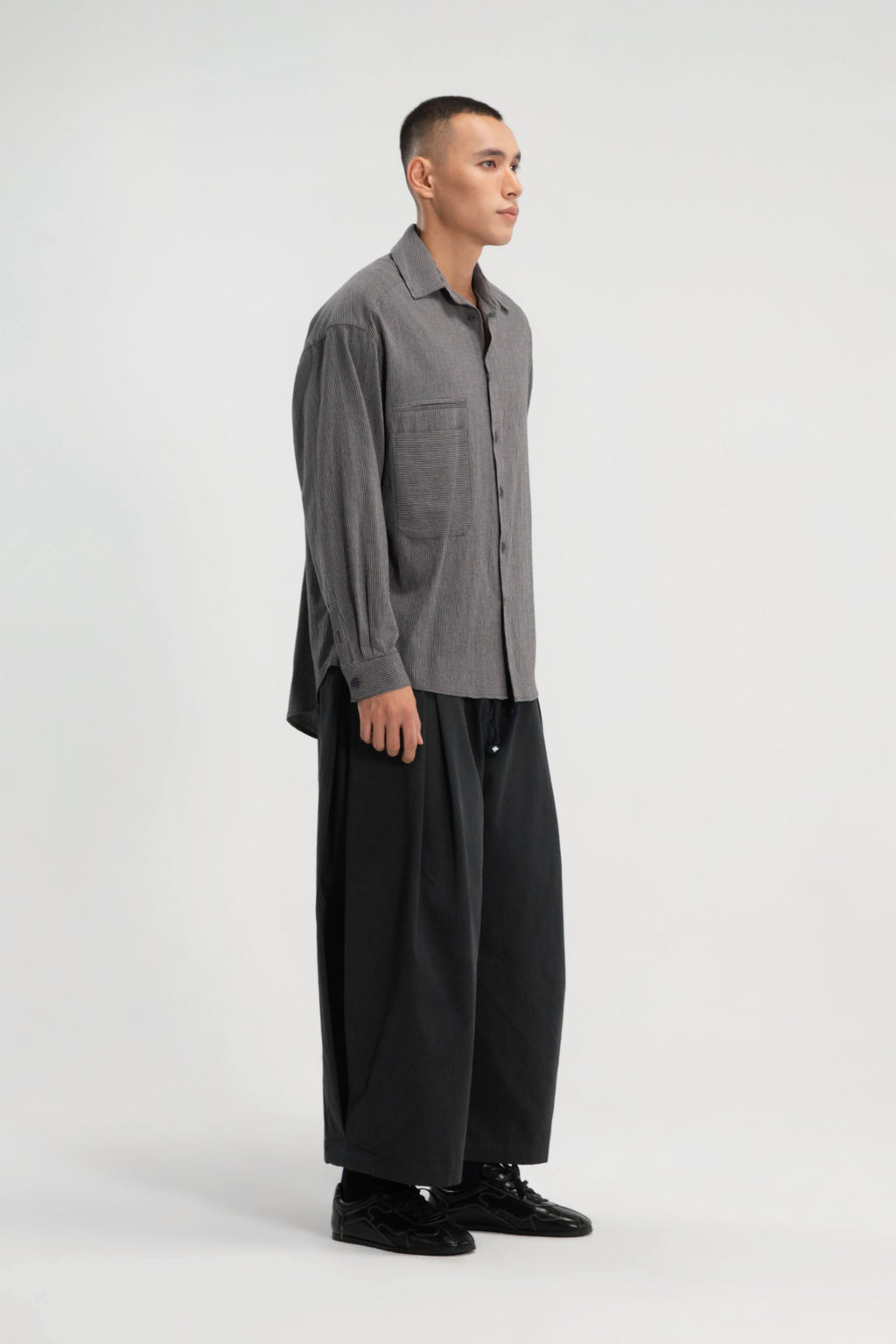 Gender Neutral Oversized Arm Long Sleeve Blouse (Grey Pinstripe)