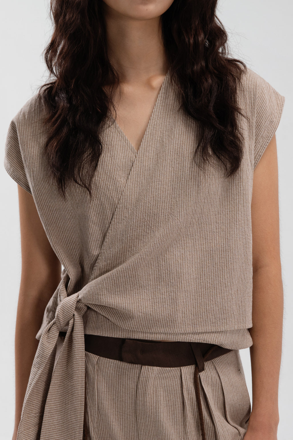 Wrap Crop Cap Sleeve Top (Khaki Pinstripe)