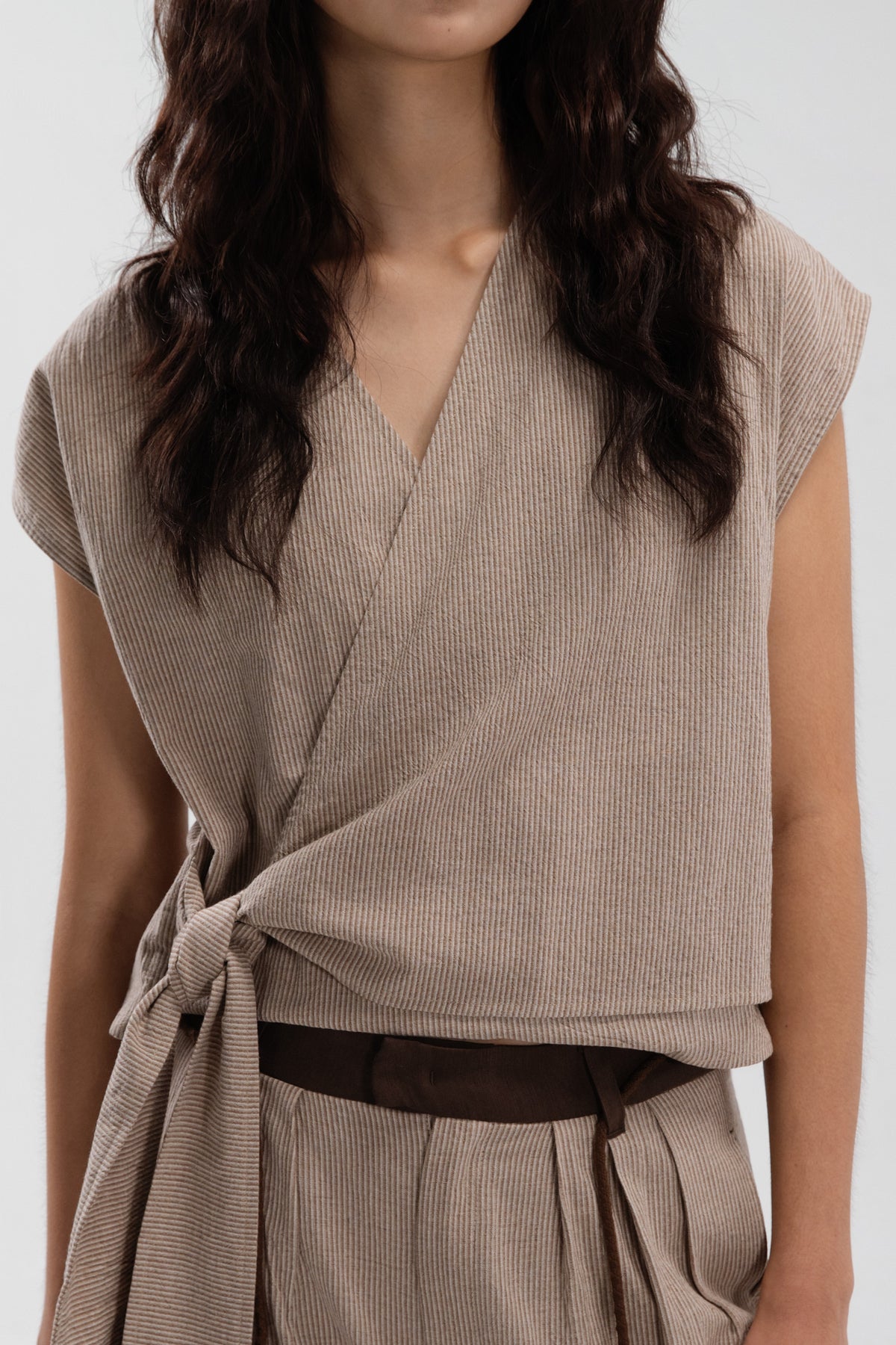 Wrap Crop Cap Sleeve Top (Khaki Pinstripe)
