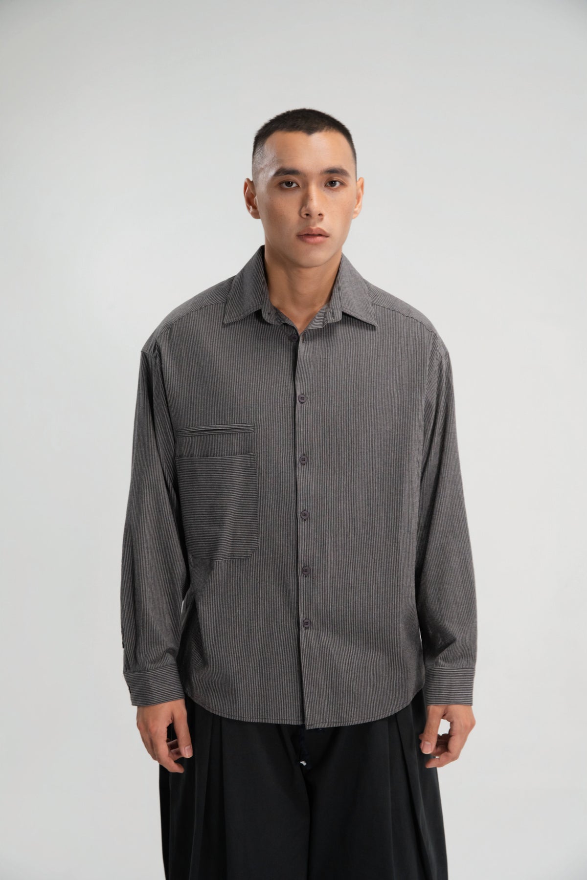 Gender Neutral Oversized Arm Long Sleeve Blouse (Grey Pinstripe)