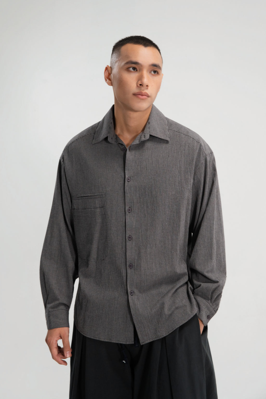 Gender Neutral Oversized Arm Long Sleeve Blouse (Grey Pinstripe)