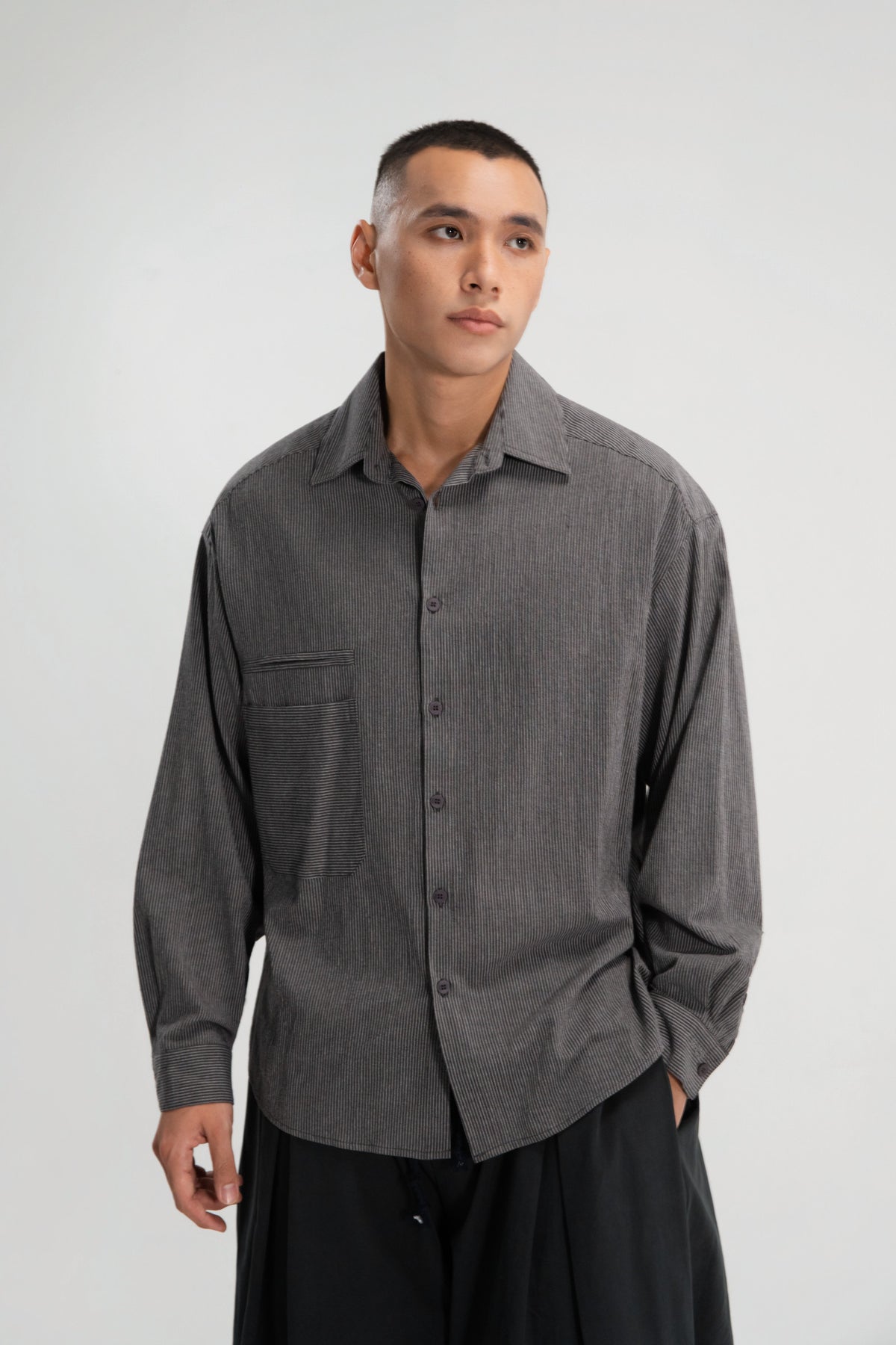 Gender Neutral Oversized Arm Long Sleeve Blouse (Grey Pinstripe)