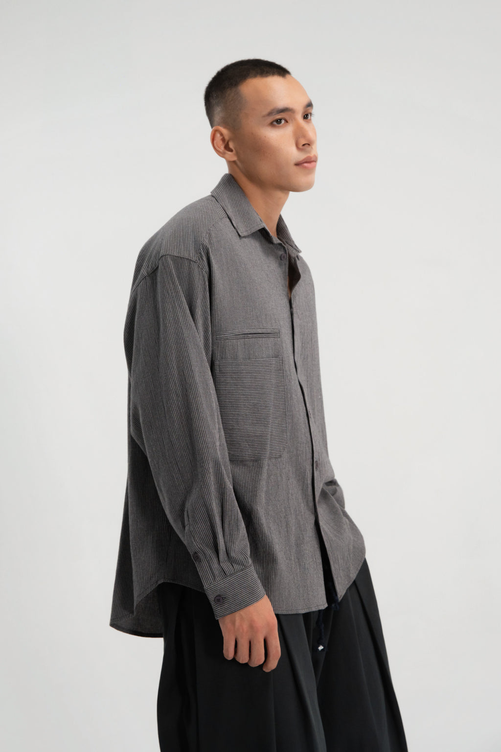 Gender Neutral Oversized Arm Long Sleeve Blouse (Grey Pinstripe)
