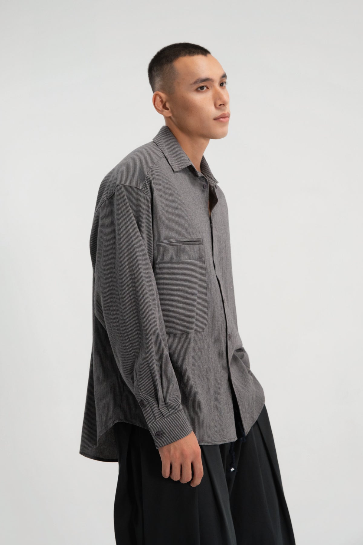 Gender Neutral Oversized Arm Long Sleeve Blouse (Grey Pinstripe)
