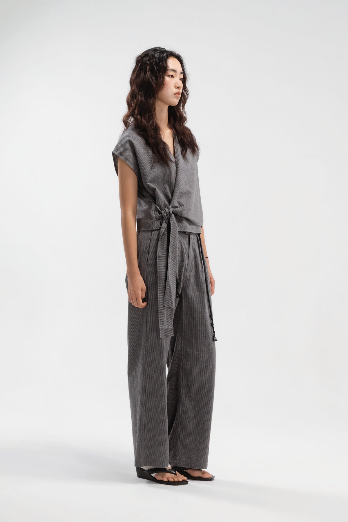 Wrap Crop Cap Sleeve Top (Grey Pinstripe)
