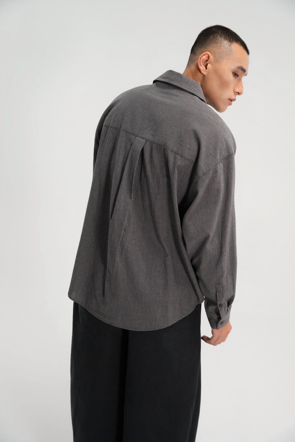 Gender Neutral Oversized Arm Long Sleeve Blouse (Grey Pinstripe)