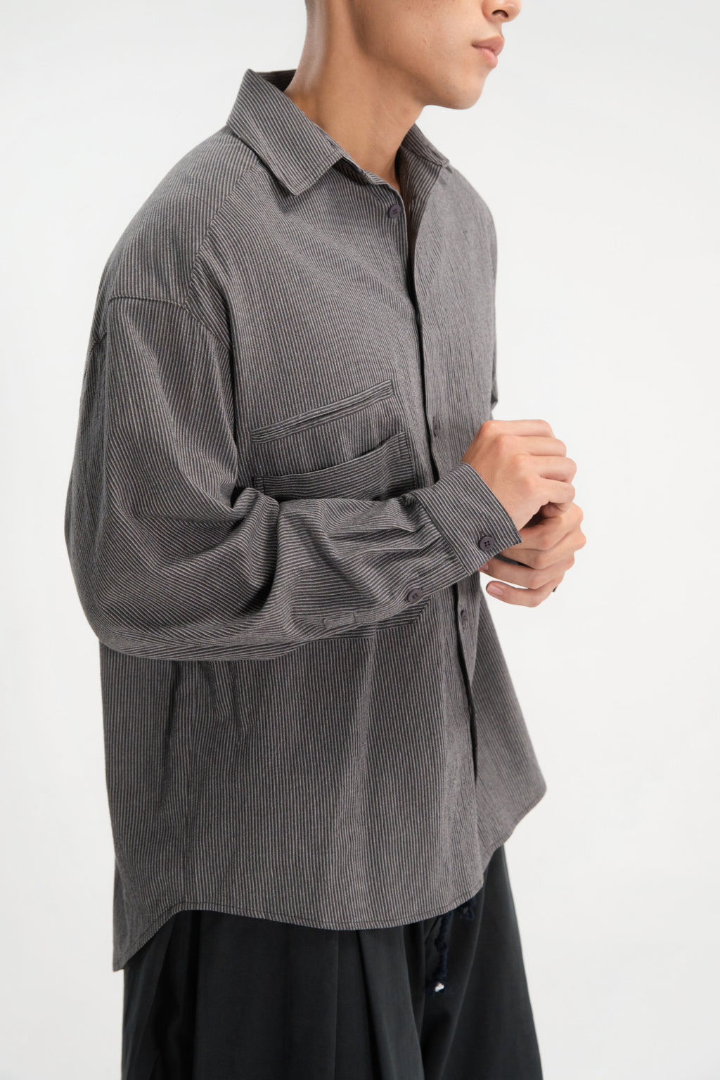 Gender Neutral Oversized Arm Long Sleeve Blouse (Grey Pinstripe)