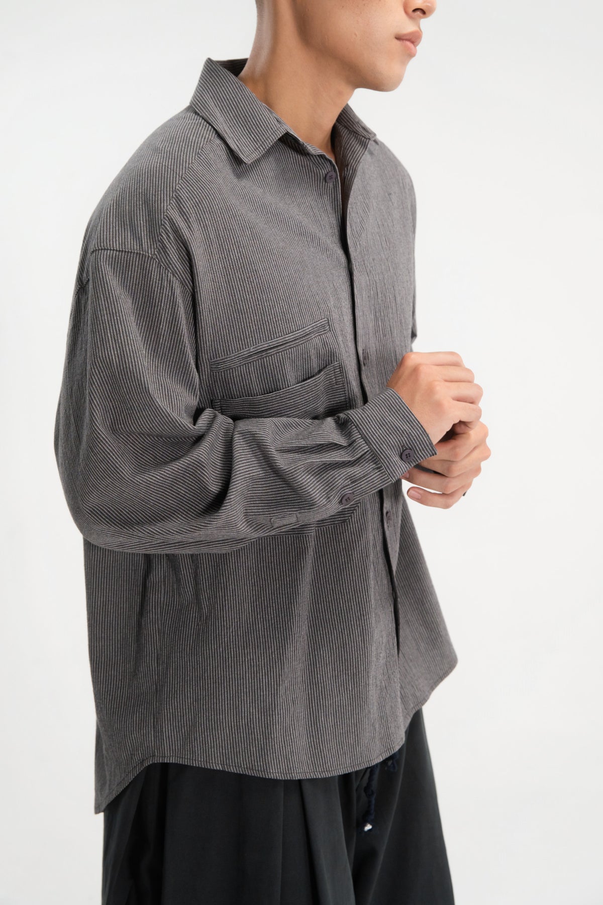 Gender Neutral Oversized Arm Long Sleeve Blouse (Grey Pinstripe)
