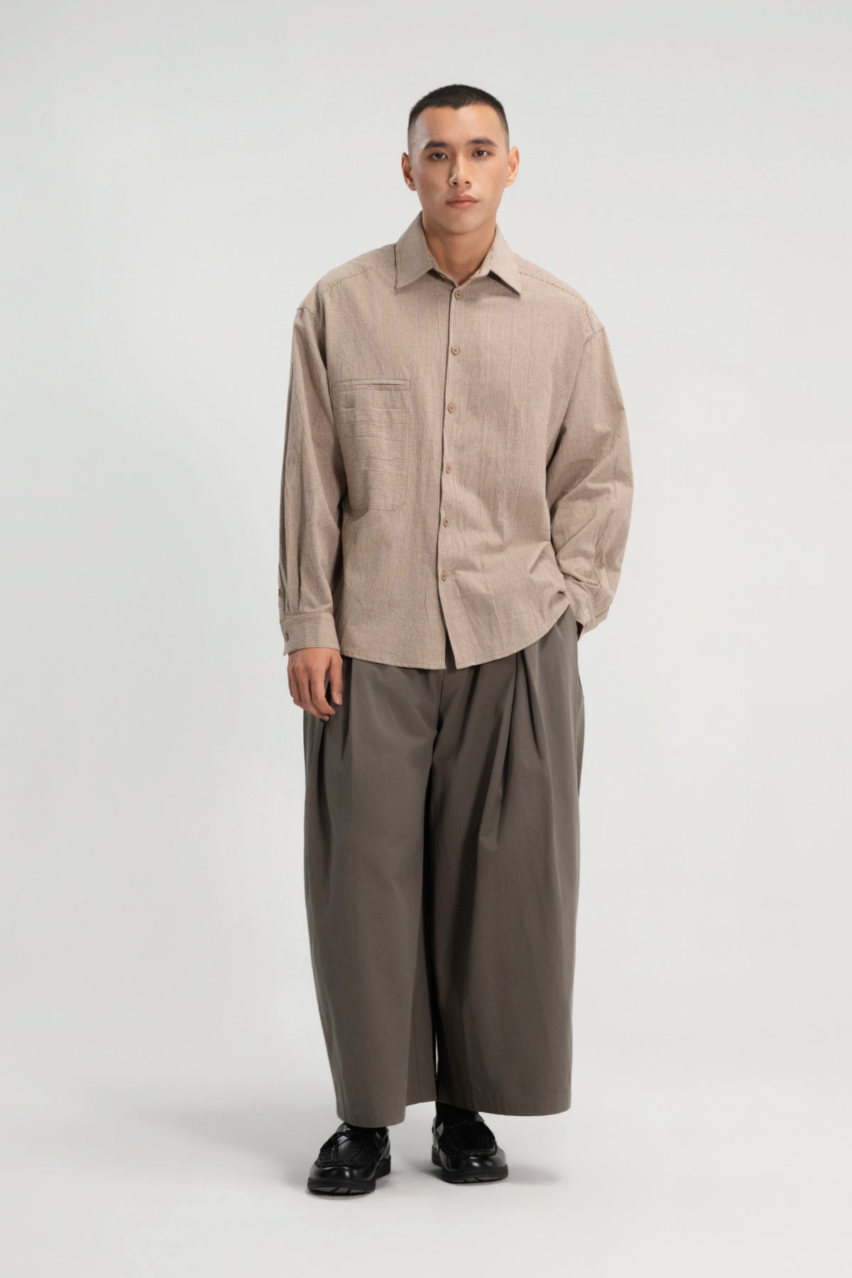 Gender Neutral Oversized Arm Long Sleeve Blouse (Khaki Pinstripe)