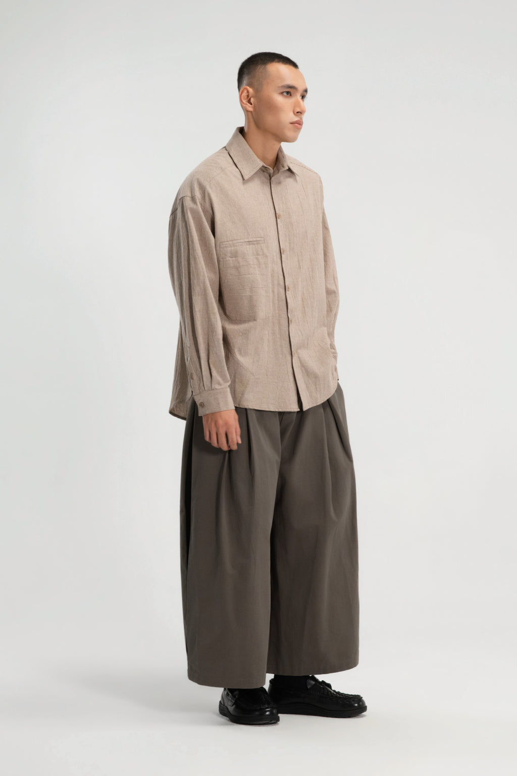 Gender Neutral Oversized Arm Long Sleeve Blouse (Khaki Pinstripe)