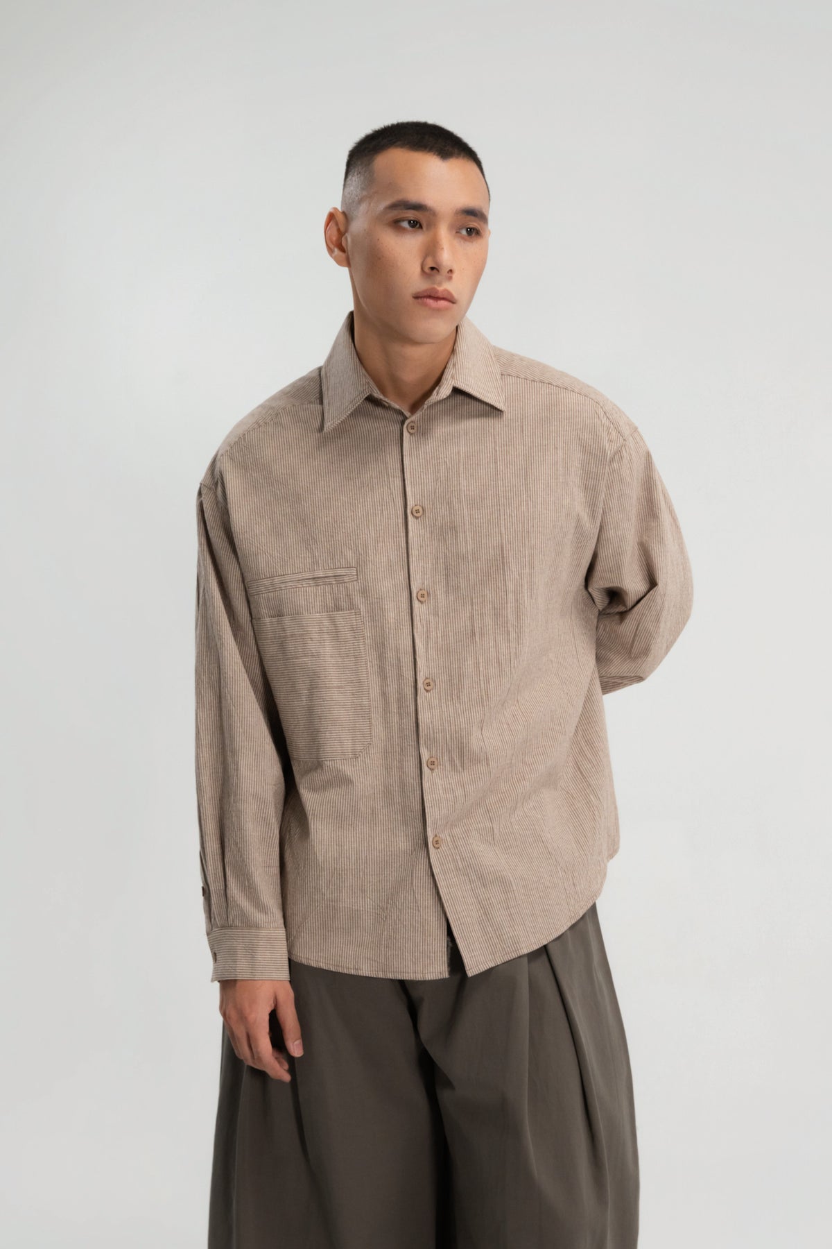 Gender Neutral Oversized Arm Long Sleeve Blouse (Khaki Pinstripe)